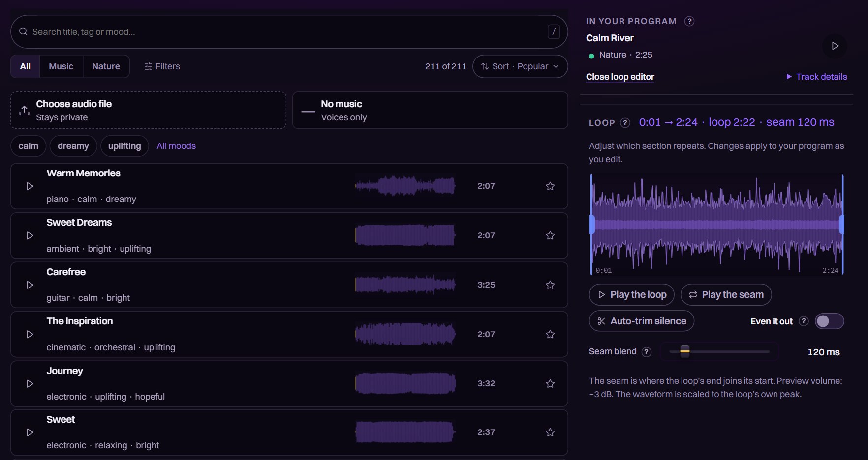 Current Music library with search and mood filters, Calm River selected, and the loop editor open