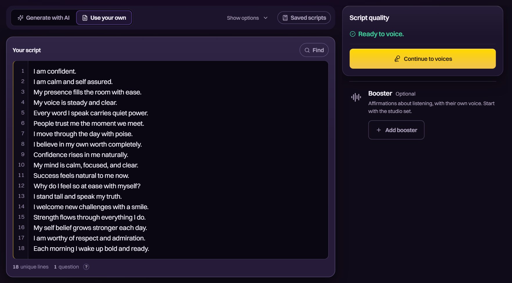 Current Script editor with the Confidence demo affirmations and the script quality panel