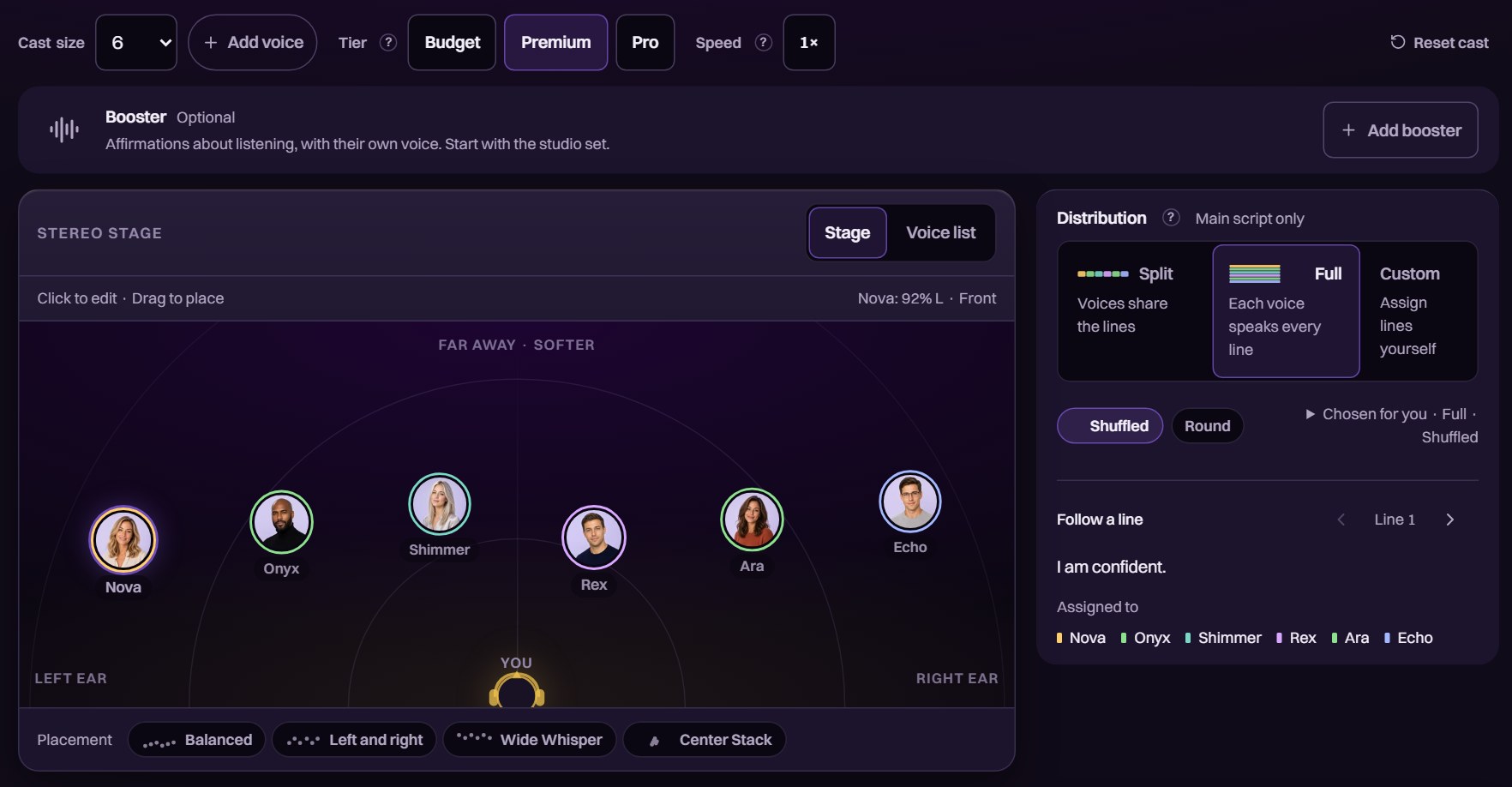 Current Voices phase with 6 voices on the stereo stage and script distribution controls