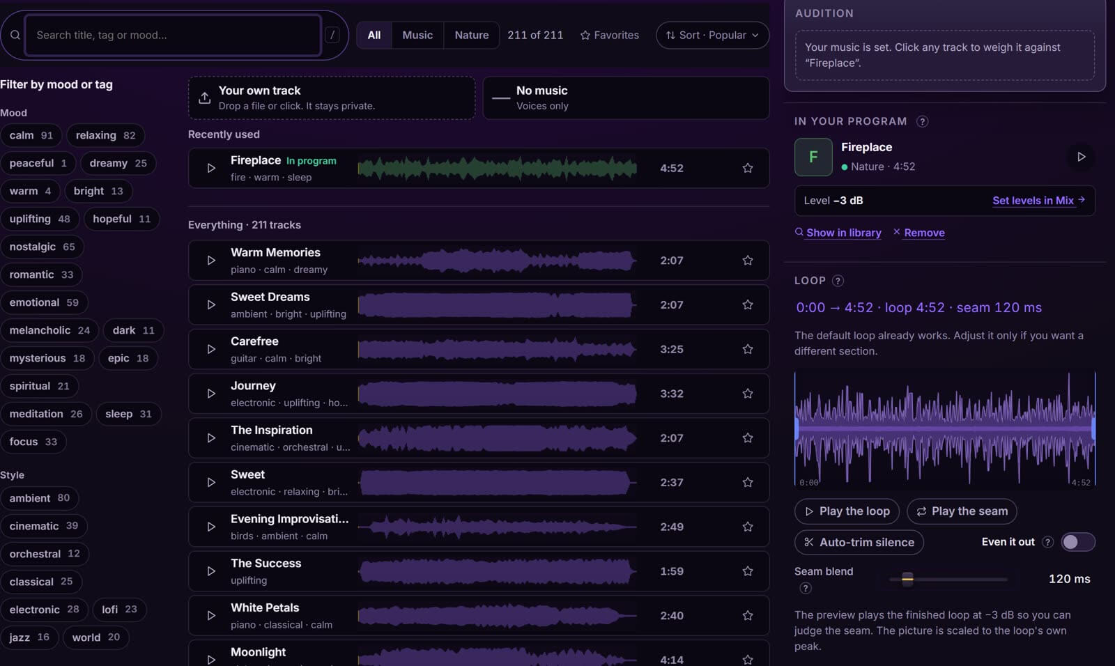 The music phase: the library with mood filters and waveforms, the chosen bed in the program panel, and the loop editor