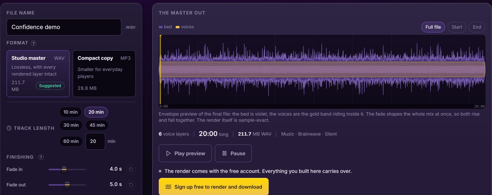 The export phase: file name, WAV and MP3 cards, track length, and the master out waveform of the finished file